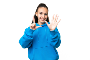 Young Arabian woman over isolated chroma key background counting seven with fingers