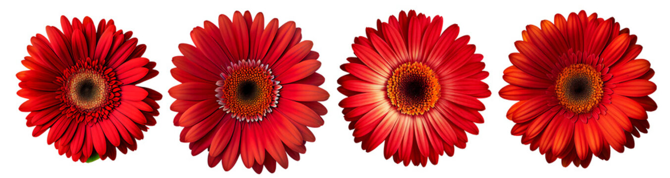 Assorted red gerbera daisy flower heads isolated on transparent PNG background. Created with Generative AI.