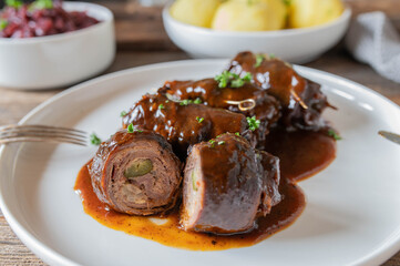 Beef roulades with onion, mustard, pickle, bacon filling and delicious brown gravy.