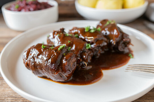 Beef roulades with delicious brown gravy. Traditional german meat dish 
