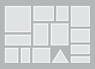 Post stamps. Empty stamps set. Postal shapes border. Blank frames for mail letter. Postage perforated templates. Collection paper postmarks isolated on background. Vector illustration. Flat design.