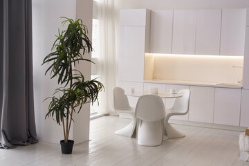 Stylish, fashionable interior in a light style, large panoramic windows, a white table and chairs in the kitchen, fresh flowers decor