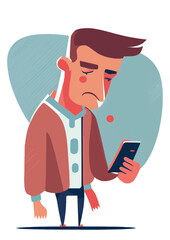 Sad character with mobile phone, reading bad news, Flat vector illustrations isolated on white background 