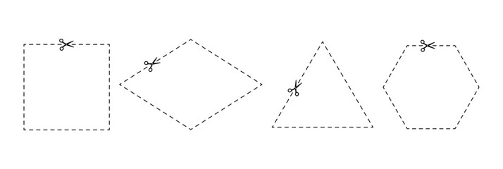 Scissor with dash cut line in different geometrical shapes. Paper icon with dotted snip. Dot marks on voucher. Trim ribbon with scissor. Black shear crop border. Vector illustration