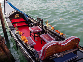 View of the interior of a typical Venetian gondola in Venice. © Luis