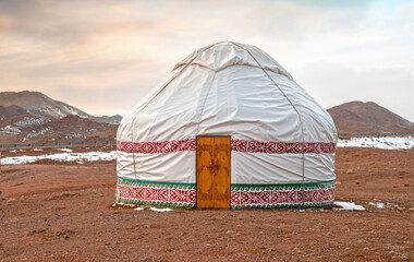 Traditional asian yurt as living building of nomads in Kazakhstan close to Almaty - obrazy, fototapety, plakaty