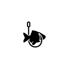 Fishing hook with fish icon isolated on white background.  