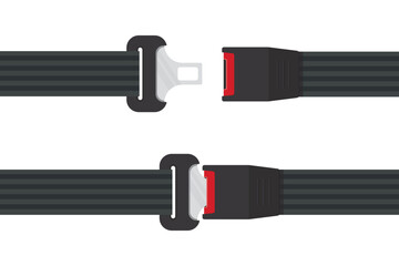Passenger seat belt. Set of lock and unlock seatbelts isolated on white background. Fasten your seatbelt, warning banner. Transport rules of safety traffic for driver.