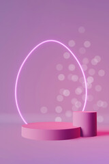 Easter egg podium stage purple pink neon bokeh lights 3d rendering. Contemporary creative minimal scene cosmetic product showcase. Modern presentation design. Social media content advertising template