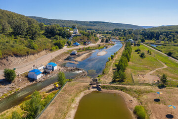 Southern Urals, Krasnousolsk Resort: Usolka River, mineral springs and the beach. Aerial view.