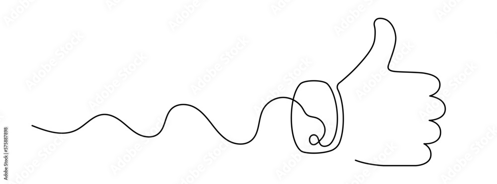 Poster continuous line drawing of like icon. thumb up in one line drawing. one line drawing background. vec