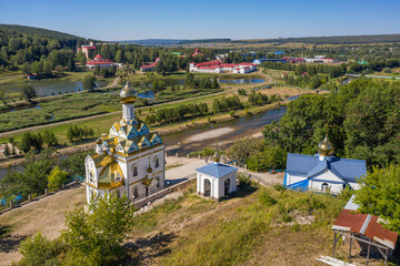Fototapeta na wymiar Southern Urals, Krasnousolsk Resort: Church of the Tabyn icon of the mother of God. Aerial view.