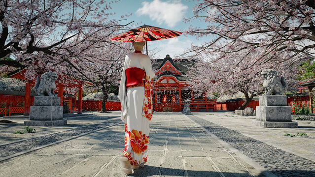 A girl walking with an umbrella in a kimono inside the shinto shrine cherry blossom time. 3D illustration rendering