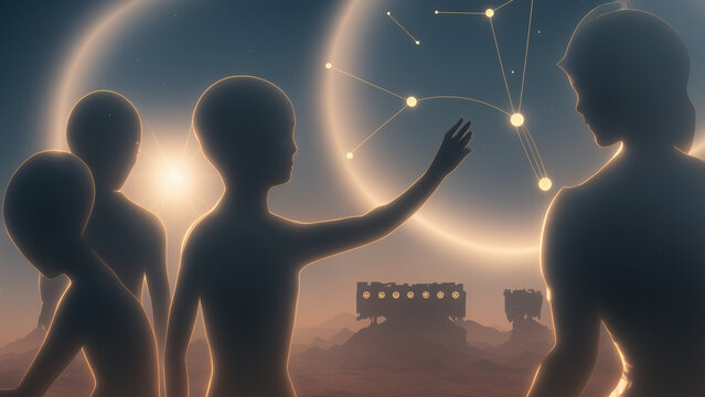 aliens showing woman a holographic star map of zeta reticuli with travel routes, illustration based on story from Betty and Barney Hill abduction In 1961, generative AI