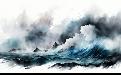 Landscape with big waves and smoke. Sea watercolor illustration. Generative AI technology.