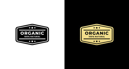 100% organic label seal or 100% organic badge vector isolated on white and black background. 100% organic label or symbol for product packaging. 100% organic seal or sign for natural product.