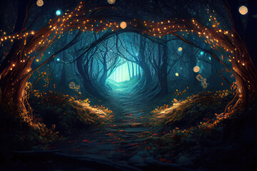 magic forest in the night created with Generative AI technology