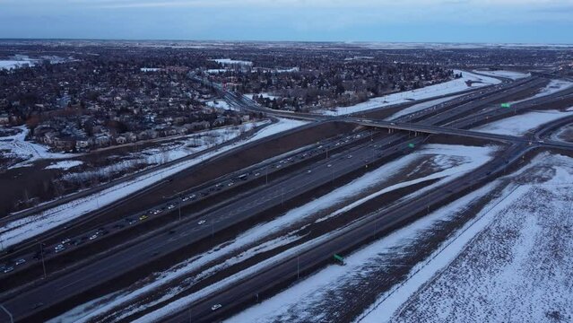 Winter highway packed with cars in a huge traffic jam