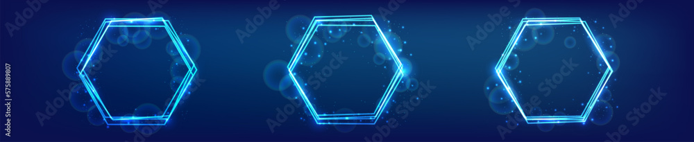 Poster neon hexagon frame with shining effects and sparkles