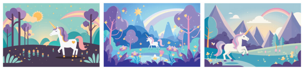 Obraz na płótnie Canvas Get Lost in a Magical World with This Adorable Vector Illustration of a Unicorn in a Beautiful Nature Background - Perfect for Adding Whimsy and Enchantment to Your Projects Collections