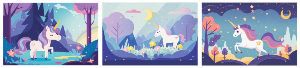 Get Lost in a Magical World with This Adorable Vector Illustration of a Unicorn in a Beautiful Nature Background - Perfect for Adding Whimsy and Enchantment to Your Projects Collections © aprilian