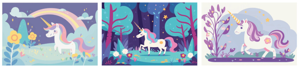 Get Lost in a Magical World with This Adorable Vector Illustration of a Unicorn in a Beautiful Nature Background - Perfect for Adding Whimsy and Enchantment to Your Projects Collections