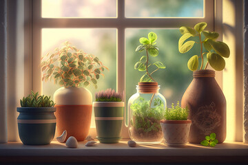 Indoor plants growing in pots on a windowsill. AI generated image