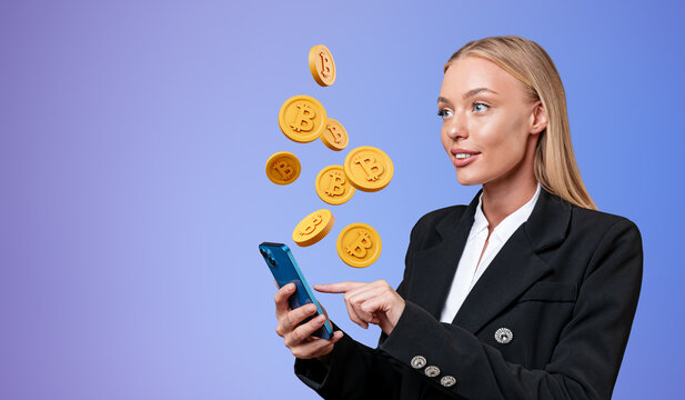 Businesswoman using phone, happy portrait and bitcoins falling