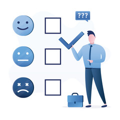 Thinking man hold checkmark for evaluation or satisfaction feedback, performance rating or customer review, rate service. Online survey, testimonials. Emotions for mental health.
