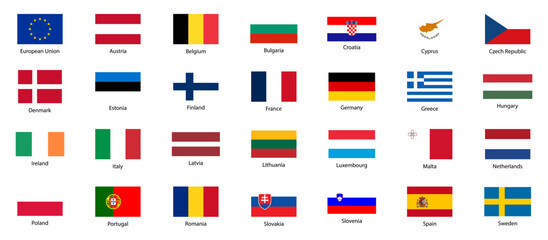 European Union countries. Set of EU flags. Original proportions and colors. Vector