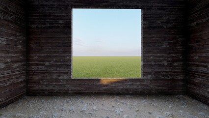 empty windows with grassfield view