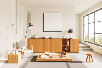 Light relax interior with armchair and drawer with decor, window. Mockup frame