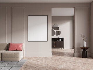 Modern living room interior with couch and decoration. Mockup frame