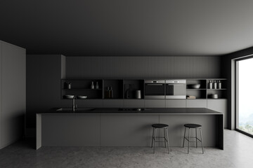 Grey kitchen interior with bar countertop and seats near window, cooking area