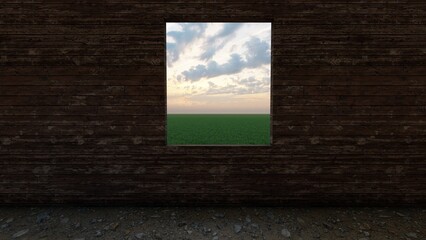 empty windows with grassfield view