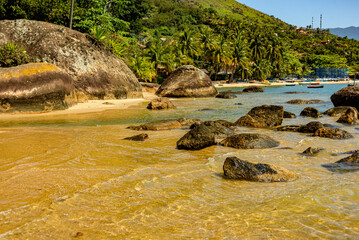 Fototapeta na wymiar Stretch of paradisiacal beach, deserted, without waves, transparent waters. Framed by mountains and tropical forest. Ilhabela, Sao Paulo