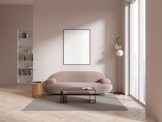 Beige living room with sofa, bookcase and poster