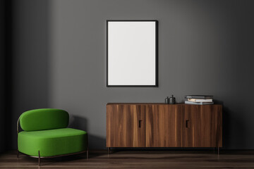 Grey living room interior with armchair and drawer with decoration, mockup frame