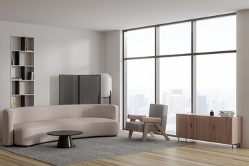 Fototapeta premium Stylish lounge zone interior with couch, armchair and panoramic window