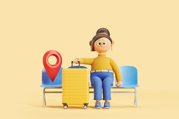 Cartoon woman waiting in airport, destination and check in