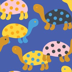 Hand drawn seamless pattern with cute sea turtle tortoise, yellow blue print for kids children nursery decor, funny animal with polka dot shells, simple minimalist style, for textile wrapping paper.
