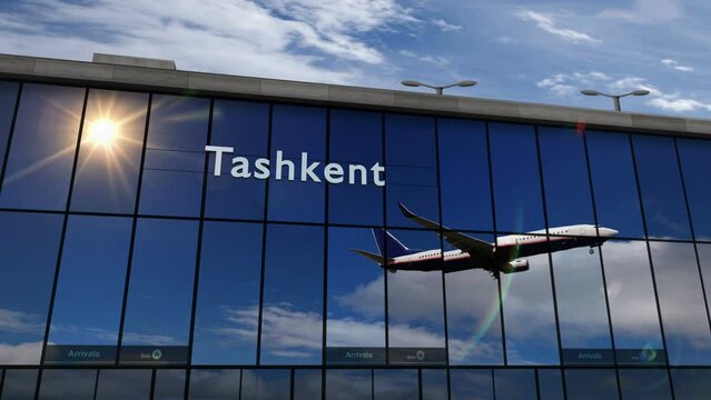 Plane landing at Tashkent, Uzbekistan 3D. Arrival in the city with the glass airport terminal and reflection of the jet aircraft. Travel, business, tourism and transport 3D concept.
