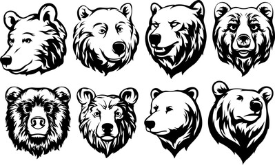 Head of bear. Abstract character illustration variant set. Graphic logo design template for emblem. Image of portrait.