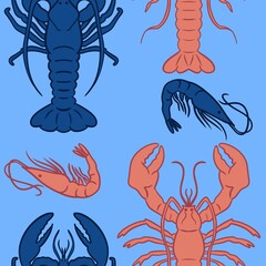 Hand drawn seamless pattern with orange blue lobsters on turquoise background. Marine navy underwater sea food, ocean restaurant cafe menu, aquatic animal creature, nautical print design