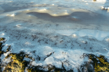 Costal winter panorama, glistering sunlight reflected in the ice and ocean, frozen beach, clear blue sky and green grass  on a beautiful clear winter day on the west-coast of Sweden