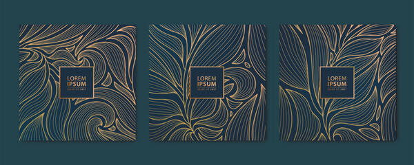 Vector set of abstract luxury golden square cards, post templates for social net, leaves botanical modern, art deco wallpaper background. Pattern, texture for print, fabric, packaging design