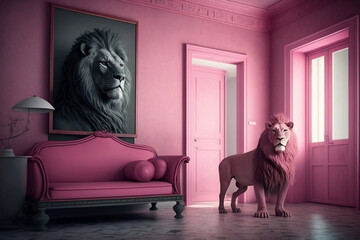 a lion with a feminine pink color concept style, generative ai