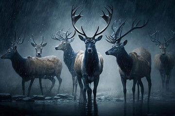herd of deer animals in the rain, generative ai