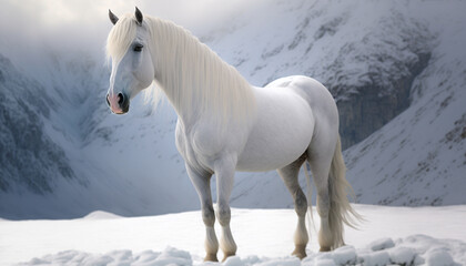White horse in an extremely cold snowy environment, Generative AI