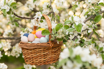 Close up of colorful Easter eggs in a basket